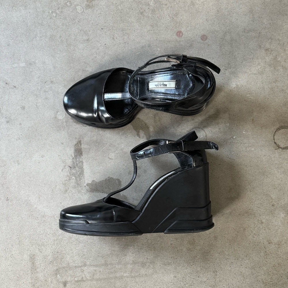 Prada Black Patent Leather T Strap Mary Jane Wedge